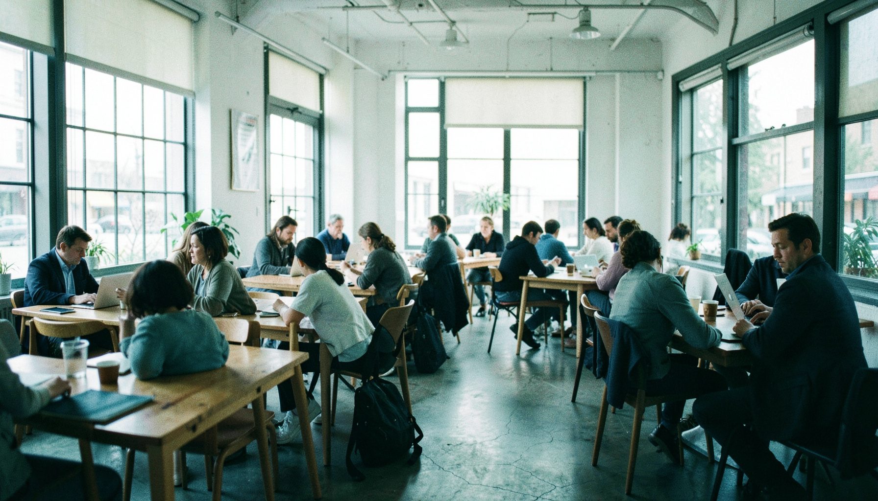 Bright open coworking space with wooden tables, natural light from large windows, and a few people working on laptops in a relaxed collaborative atmosphere