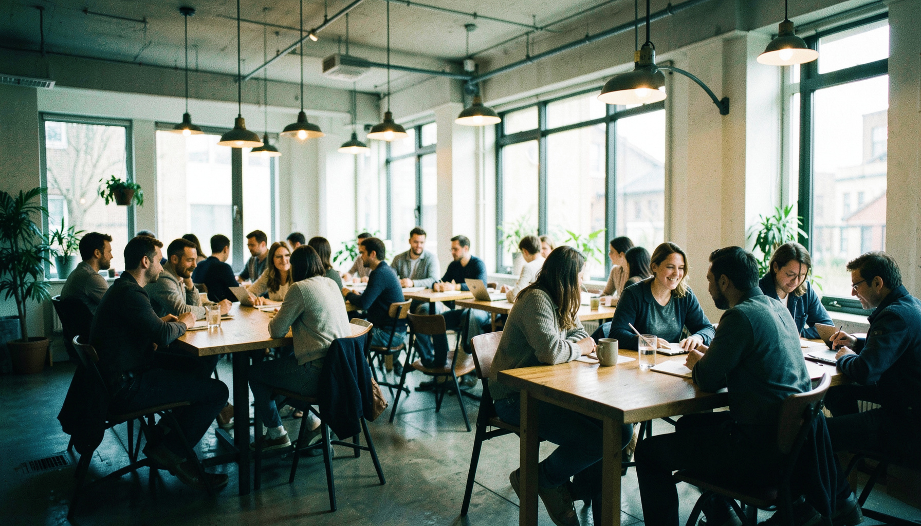 Bright modern coworking space with wooden tables, pendant lights, and people collaborating in small groups, warm natural light from large windows, energetic and welcoming mood