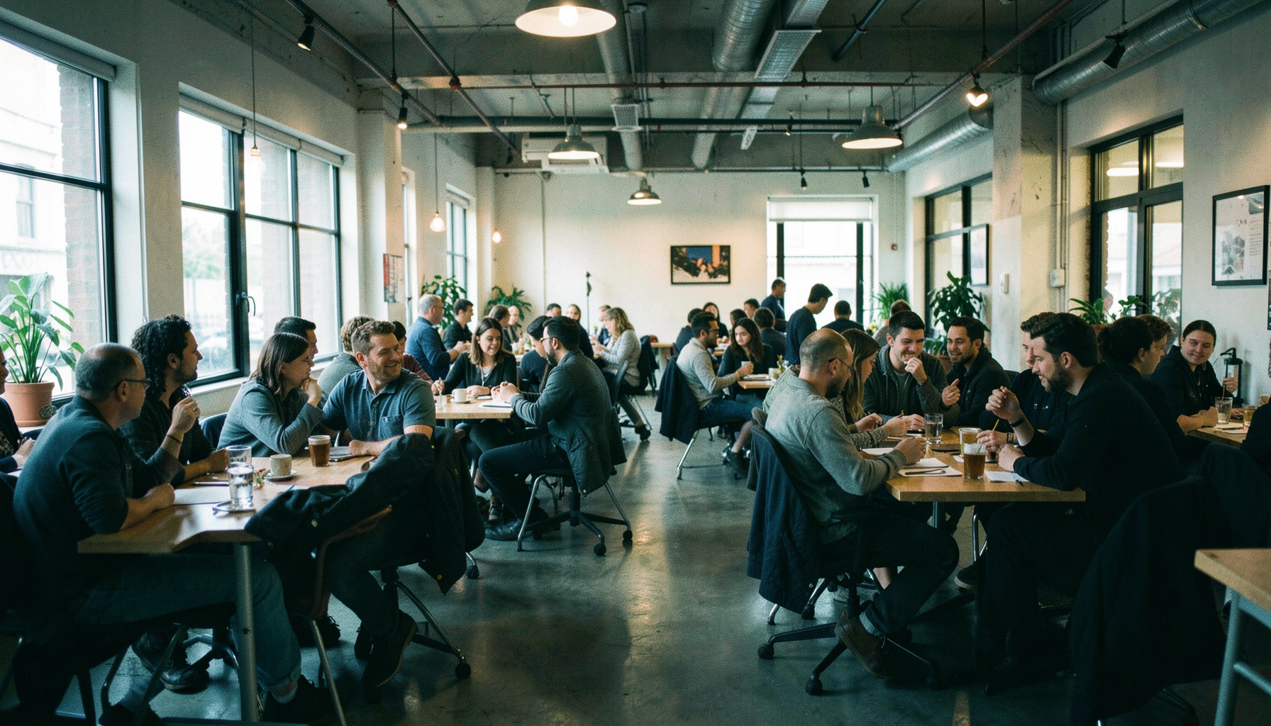Wide shot of a lively community meetup in a modern coworking space, warm indoor lighting, people gathered around tables in conversation, relaxed and collaborative atmosphere