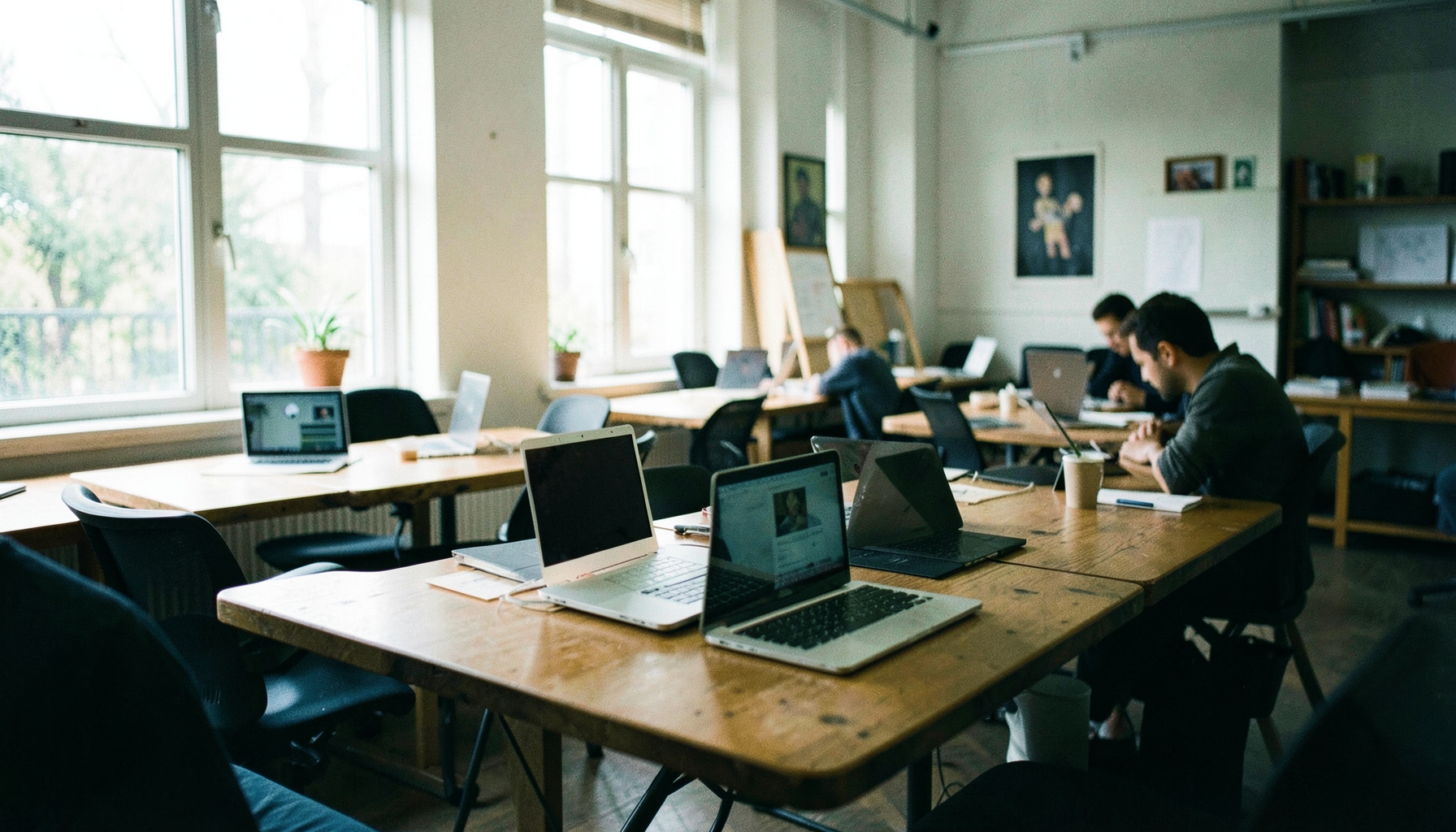A bright collaborative workspace with wooden tables, open laptops, and soft natural light streaming through large windows, warm and inviting atmosphere