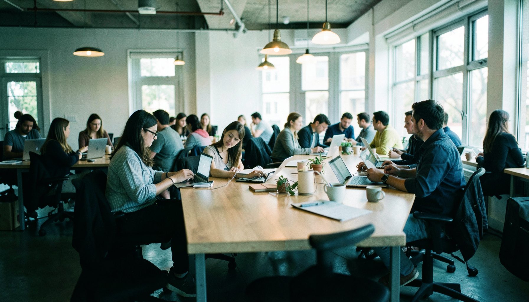 A bright coworking space with long shared tables, people in casual conversation, laptops open, warm overhead lighting, and large windows letting in daylight
