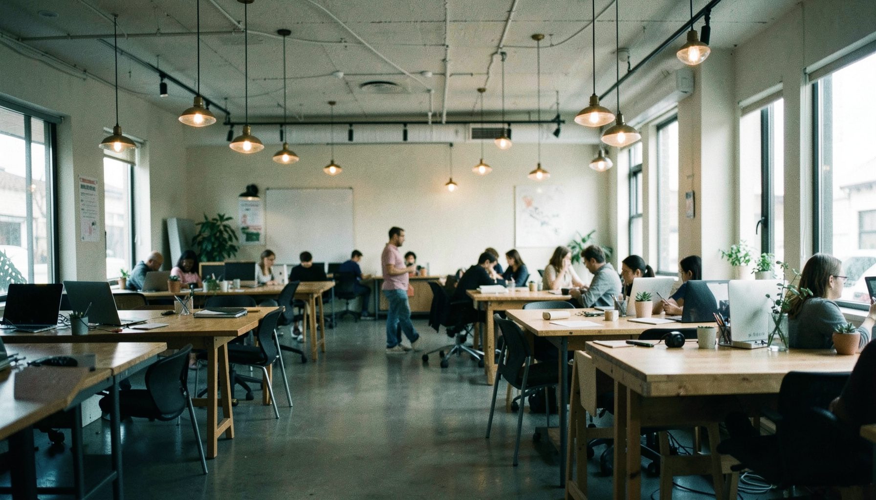Open-plan coworking space with wooden desks, warm pendant lighting, and a collaborative atmosphere in soft neutral tones