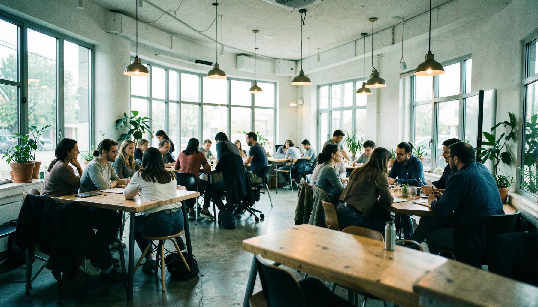 Wide shot of a bright modern coworking space with wooden tables, pendant lights, and people collaborating in small groups, warm and inviting atmosphere